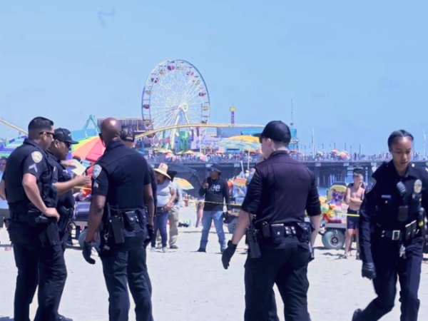 One person was stabbed and another injured after a large brawl broke out ont he beach near the Santa Monica Pier on June 29, 2024. (TNLA)