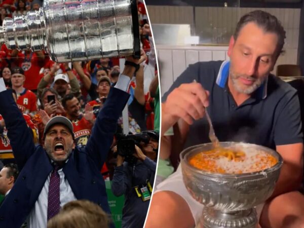 Roberto Luongo eats pasta out of the Stanley Cup in championship celebration