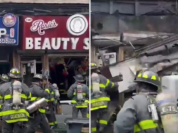 Three NYC firefighters wounded after metal shop awnings fall and crush them during fire