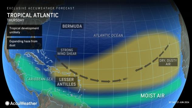 Expanding haze from Saharan dust extends across the Atlantic, but Invest 95L is moving west along a band of moist air below the dust.