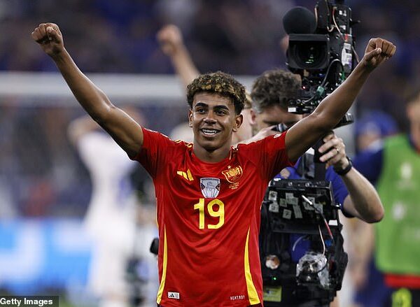 Lamine Yamal, 16, pictured celebrating after helping Spain beat France 2-1 at Euro 2024