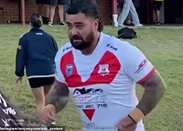 A footy fan who racially abused ex-NRL star Andrew Fifita (pictured, playing for the Woy Woy Roosters on the NSW Central Coast) has been banned from the sport for 20 years