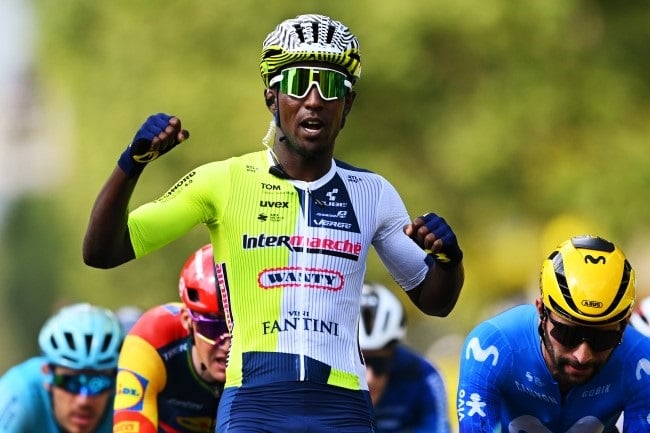 Biniam Girmay of Eritrea and Team Intermarche - Wanty celebrates. (Dario Belingheri/Getty Images)