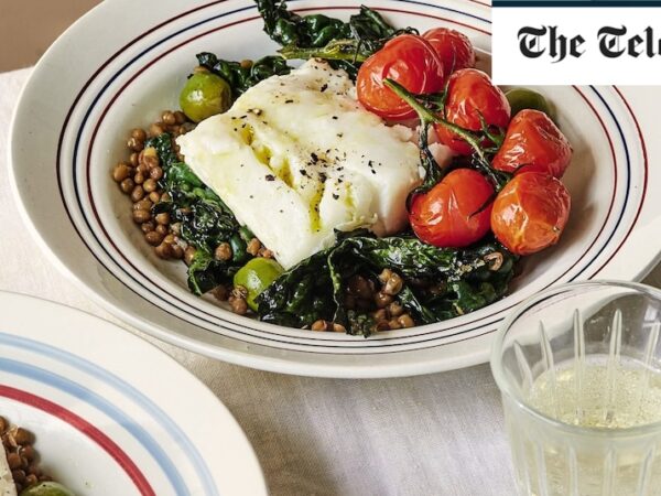 Herby cod, cherry tomatoes, olives and lentils recipe