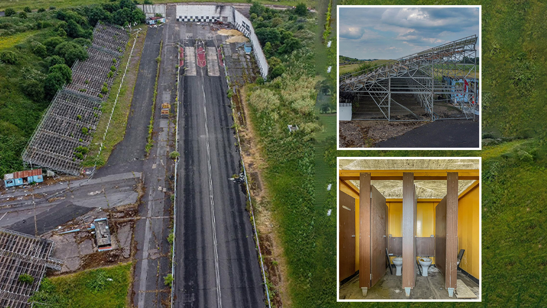 Inside abandoned race track left to rot with weeds growing in grandstand and start lines still in tact