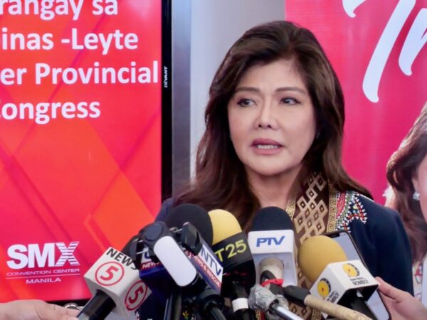 Senator Imee Marcos answers queries from the media during an ambush interview on the sideline of the Liga ng mga Barangay Leyte Provincial Chapter Annual Provincial Congress, which she attended as a guest of honor and speaker in Pasay City on Tuesday, June 18, 2024.