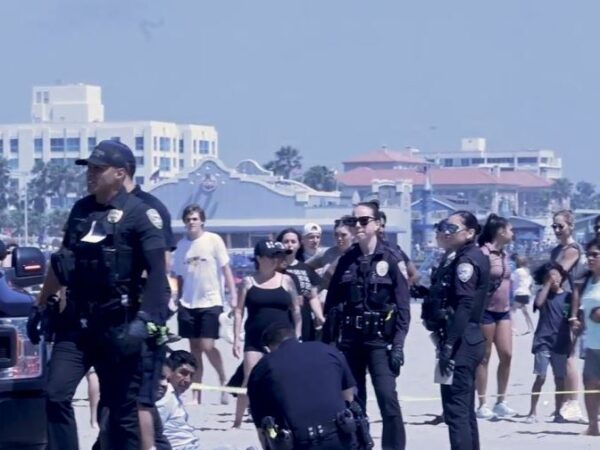 One person was stabbed and another injured after a large brawl broke out on the beach near the Santa Monica Pier on June 29, 2024. (TNLA)