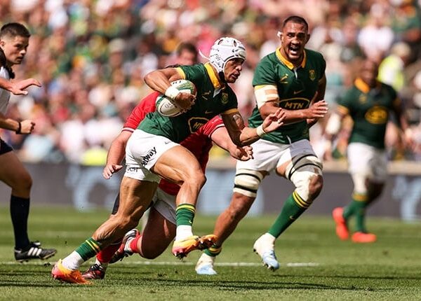 Springbok winger Edwill van der Merwe on the charge in his debut Test against Wales at Twickenham on 22 June 2024. (Paul Harding/Gallo Images)