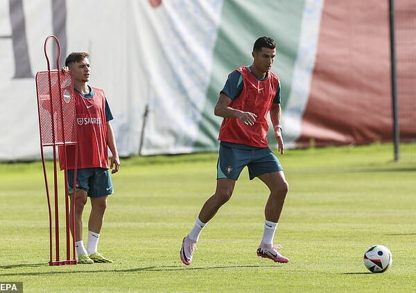 Cristiano Ronaldo sent a shot flying over the crossbar as he warmed up for Portugal's clash with Slovenia