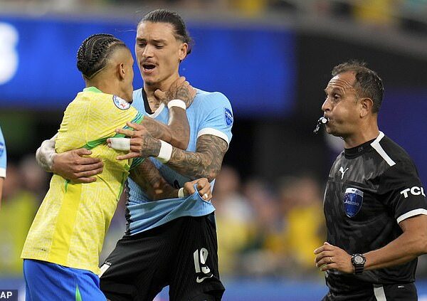 An astounding 41 fouls were called in a match that boiled over between Uruguay and Brazil