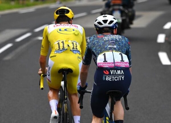 Tadej Pogacar and Jonas Vingegaard Hansen compete in the breakaway during the 111th Tour de France 2024, Stage 11 a 211km stage from Evaux-les-Bains to Le Lioran (1239m)(Tim de Waele/Getty Images)